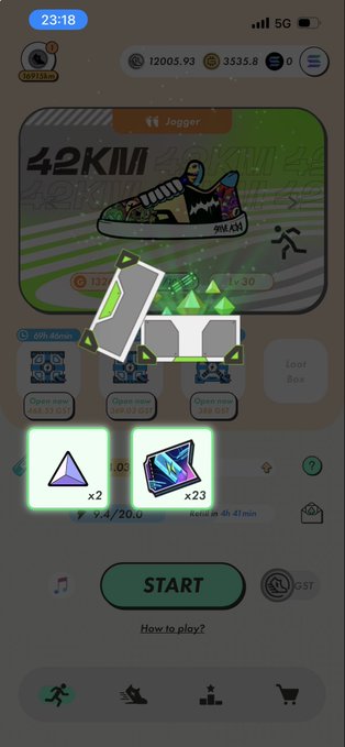Screenshot of a mobile fitness app showing a 'Jogger' activity with 42KM completed, displaying virtual rewards including gems and a prism-shaped item, with a green 'START' button.