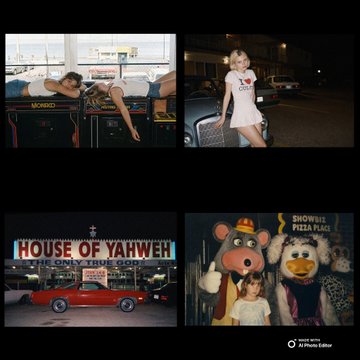 A photo collage by Sean Jeri 'AirPhoto Editor' features four images, including two people on a MONACO bus, a girl in a white dress, the House of Yahweh building, and children with Chuck E. Cheese characters.