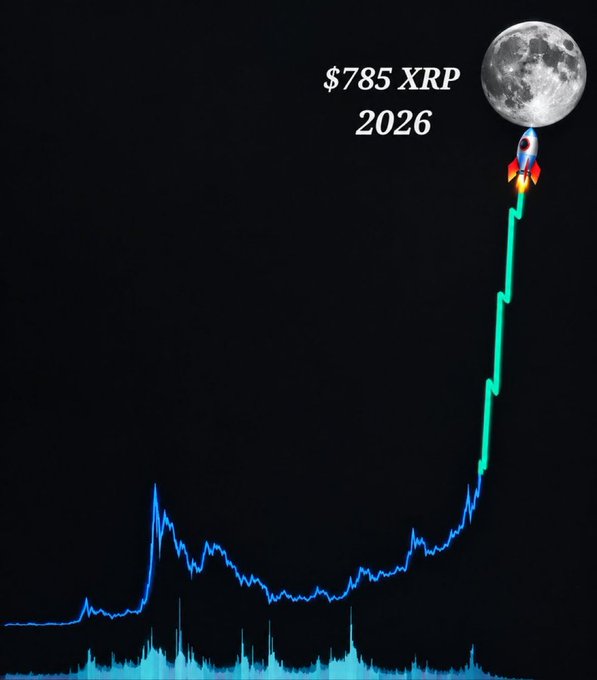 A crypto price chart showing a dramatic upward rocket trajectory toward the moon, with text reading '$785 XRP 2026'.