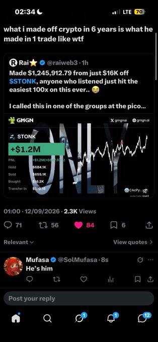 A Twitter/X post by 'Rai' (@raiweb3) celebrates making $1,245,912.79 from just $16K off $STONK, with a GMGN chart showing +$1.2M, captioned 'what i made off crypto in 6 years is what he made in 1 trade like wtf'.