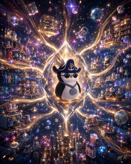 A vibrant, fantastical artwork featuring a small penguin dressed as a pirate in a sailor hat with an anchor emblem, floating within a glowing crystal against a cosmic background filled with planets, stars, and miniature figurines.