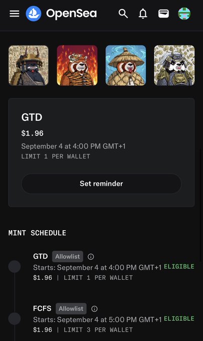 An OpenSea NFT mint page shows four samurai-themed avatar collectibles with a 'GTD' mint starting September 4 at 4:00 PM GMT+1 at $1.96 (Limit 1 per wallet), followed by an 'FCFS' allowlist mint at 5:00 PM.
