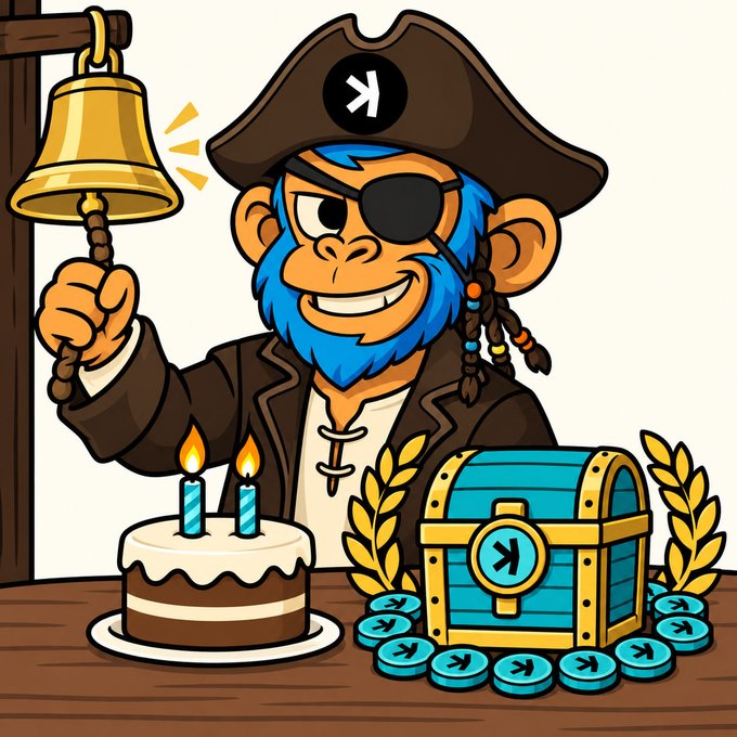 Cartoon pirate monkey character with blue beard and eyepatch ringing a bell, wearing a pirate hat with the 'K' (Kamino) logo, with a cake and treasure chest full of Kamino coins.