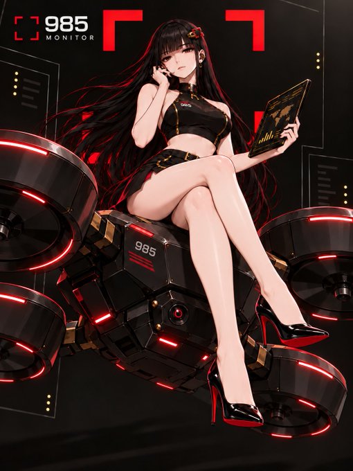 An anime-style avatar designed for the "985 MONITOR" platform features a dark-haired character in a black and gold outfit sitting on a high-tech robotic drone, holding a holographic display—putting a sleek, futuristic face to the user's website brand.