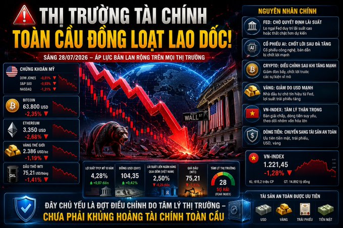 A Vietnamese-language financial market infographic dated 28/07/2026 with the headline 'THỊ TRƯỜNG TÀI CHÍNH TOÀN CẦU ĐỒNG LOẠT LAO DỐC!' displaying market data for Dow Jones, Bitcoin, Ethereum, Gold, and Oil alongside charts and icons.