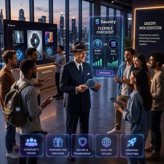 A promotional graphic for 'Saucery' showing a group of people around a man in a suit and hat holding a tablet, with text 'FLEXIBLE CHECKOUT' and feature icons for Community Driven, Rewards for Creators, Secure & Transparent, Built on Solana, and Growing Together.