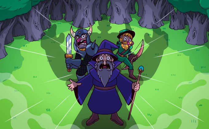 A cartoon illustration showing a startled wizard in a purple robe in the foreground, with a warrior and thief looking shocked behind him in a forest setting.