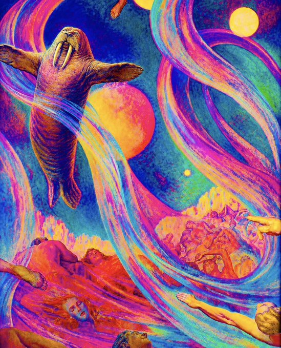 A vibrant, surrealist painting featuring a walrus suspended amid swirling colorful ribbons, celestial bodies, and human figures floating in a psychedelic dreamscape.
