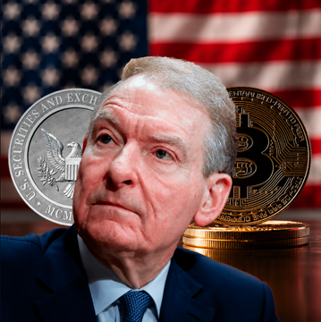SEC Chair Paul Atkins is pictured in front of an American flag with a U.S. silver dollar and a physical Bitcoin, illustrating the agency's newly proposed rules allowing financial advisers and funds to hold crypto, including through self-custody in certain cases.