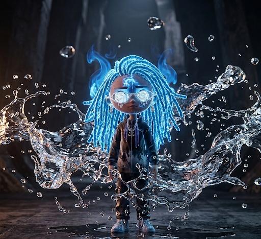 A stylized 3D character with glowing blue dreadlocks and bright white eyes stands surrounded by splashing water, embodying focused energy and intentional motion.

The dynamic imagery mirrors the message perfectly—capturing movement mid-action as water erupts around the figure, visually reinforcing the idea of moving with purpose rather than standing still.