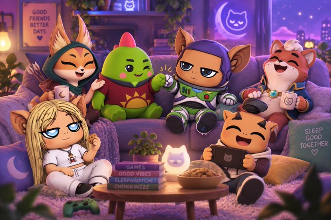 An animated illustration of six cute anthropomorphic characters, including cats and a green dinosaur, gathered on a couch for a cozy night together with text like "GOOD FRIENDS BETTER DAYS" and "SLEEP GOOD TOGETHER".