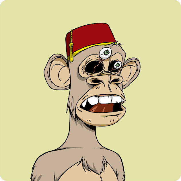 A cartoon illustration of a distressed-looking monkey wearing a red fez, with one bulging eye and a cracked, empty eye socket.