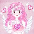 A low-resolution pixel art image of a pink-haired anime-style girl surrounded by hearts.