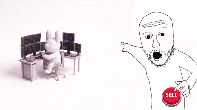 A meme-style illustration featuring a Wojak character yelling 'SELL' next to a 3D-rendered white rabbit working at multiple computer monitors.