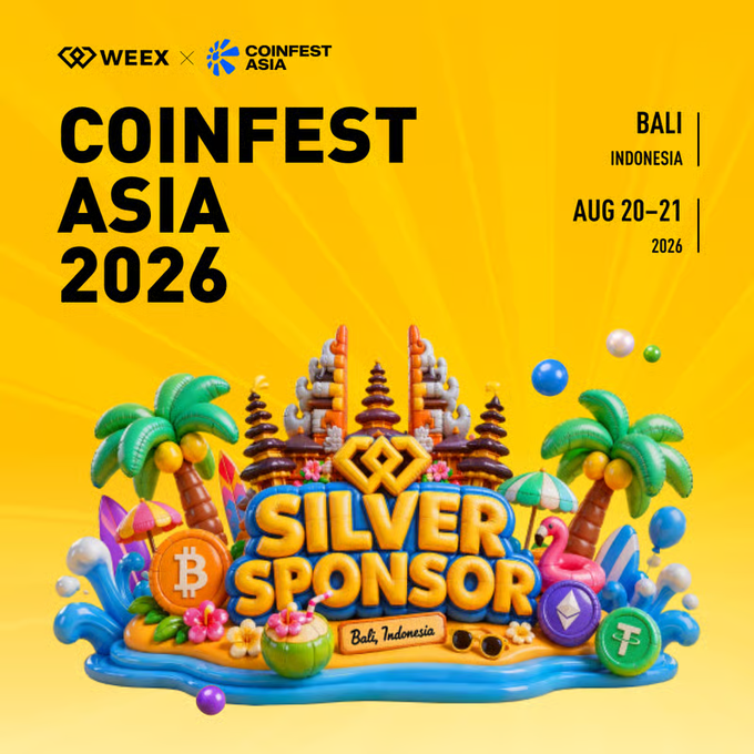 A promotional poster for 'COINFEST ASIA 2026' dated AUG 20-21, 2026 in Bali, Indonesia, sponsored by WEEX, featuring colorful 3D graphics of cryptocurrency coins, beach umbrellas, and tropical scenery with 'SILVER SPONSOR' text.