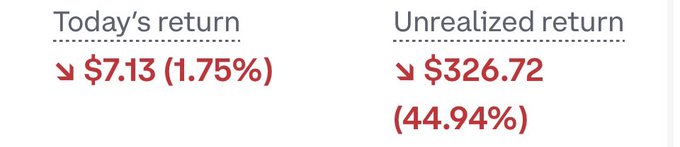 A financial display showing losses, with "Today's return" down $7.13 (1.75%) and "Unrealized return" down $326.72 (44.94%) in red text.