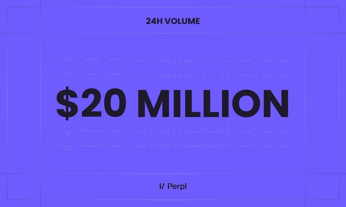 A purple graphic displays '24H VOLUME' at the top with bold text '$20 MILLION' in the center and a 'Perpl' logo at the bottom.