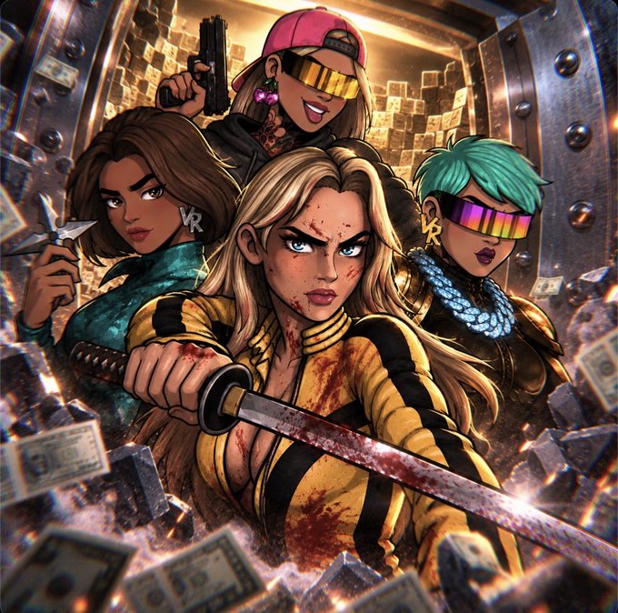 A vibrant illustration of four fierce female warriors wielding weapons including a katana and shuriken, surrounded by flying money and a vault background.