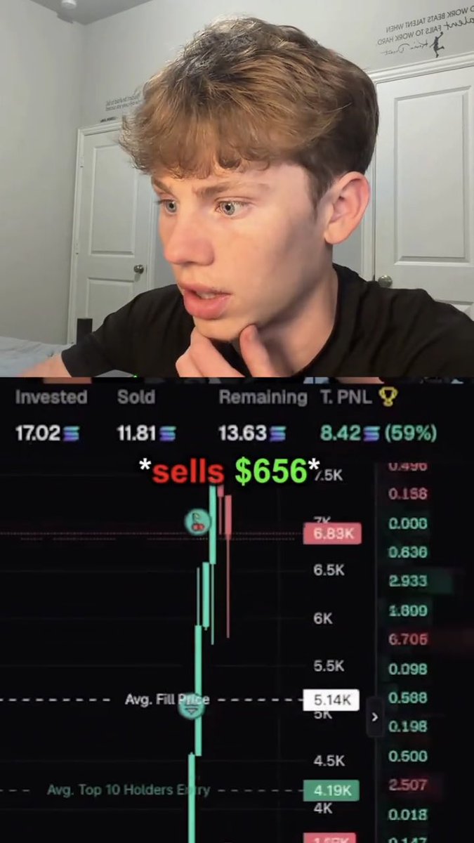 A young man with curly hair looks pensive while trading crypto, with a chart below showing he sold $656 with stats: Invested 17.02 SOL, Sold 11.81 SOL, Remaining 13.63 SOL, and Total PNL of 8.42 SOL (59%).