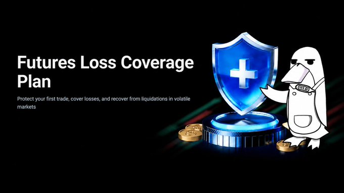 The image features promotional text reading "Futures Loss Coverage Plan" alongside the slogan "Protect your first trade, cover losses, and recover from liquidations in volatile markets," illustrated with a mascot holding a protective shield and gold coins. The graphics reinforce the post's message by visually representing a safety net for traders experiencing the heavy losses and shaken confidence it describes, offering a recovery-focused solution when markets turn difficult.