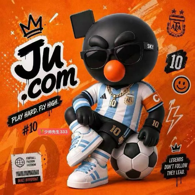 The image features a cartoon character, likely a soccer player or athlete, wearing sunglasses and holding a soccer ball. The background of the image has various stickers and logos, including one that says "JU.com" and another that reads "Play Hard. Fly High". The text in the image suggests that this character is associated with JU.com, possibly as an advertisement for their products or services.