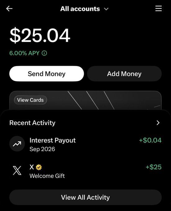 A mobile banking app shows an "All accounts" balance of $25.04 with a 6.00% APY, including recent activity of a $0.04 interest payout and a $25 welcome gift, highlighting how easy it is to receive such a welcome bonus on the XMoney platform.