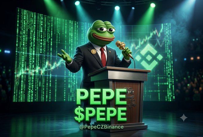 Pepe the Frog in a suit holds a golden microphone at a podium, with "PEPE $PEPE" and "@PepeCZBinance" displayed against a digital green chart background.