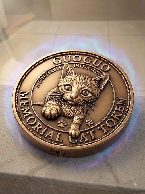 A bronze commemorative coin featuring a cat's face and paws, inscribed with 'GUOGUO', 'A CHARITABLE INITIATIVE', and 'MEMORIAL CAT TOKEN', resting on a tiled surface.