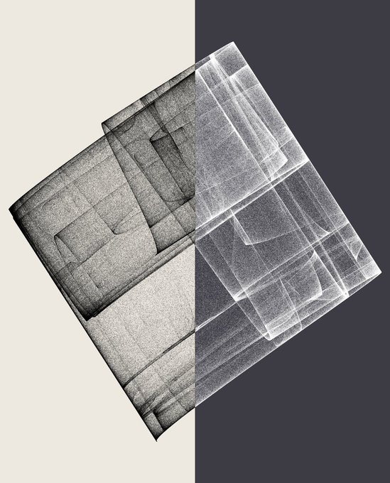 A grayscale, abstract geometric composition featuring a textured, cube-like structure tilted on a two-toned background of cream and dark gray.