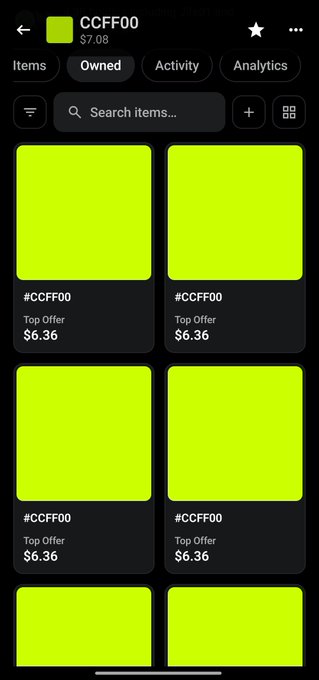 A mobile NFT inventory screen showing a collection titled '#CCFF00' valued at $7.08, displaying multiple bright yellow-green square items each with a top offer of $6.36.