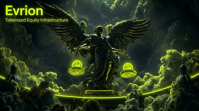 A dramatic green-tinted image featuring a winged statue of Lady Justice holding glowing scales with "on" tokens on each side, symbolizing balanced judgment in digital finance. The text "Evrion - Tokenized Equity Infrastructure" appears in the top-left, with the $EVR ticker referencing the project's blockchain-based equity platform.