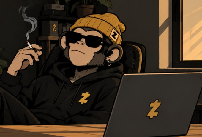 An illustration of a stylish monkey wearing a yellow beanie and sunglasses smokes a cigarette while sitting in front of a laptop, both branded with a 'Z' logo.