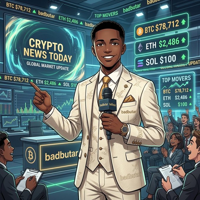 An illustrated scene of a news anchor in a white suit holding a 'badbutar' microphone, with screens displaying crypto prices: BTC $78,712, ETH $2,486, SOL $100, and 'CRYPTO NEWS TODAY GLOBAL MARKET UPDATE'.