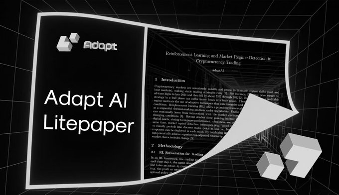The image shows an "Adapt AI Litepaper" cover page featuring the Adapt logo and a stylized document titled "Reinforcement Learning and Market Regime Detection in Cryptocurrency Trading" by Adapt AI. It relates to the post by highlighting Adapt as a project at the intersection of AI and crypto trading, focusing on its litepaper which appears to discuss applying reinforcement learning to detect market regimes in cryptocurrency trading.
