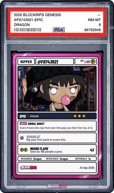 A PSA-graded trading card labeled '2026 BLOCKPRIPS GENESIS DRAGON' with a grade of 8 features a character named 'RIPPER' with a bubblegum bubble.