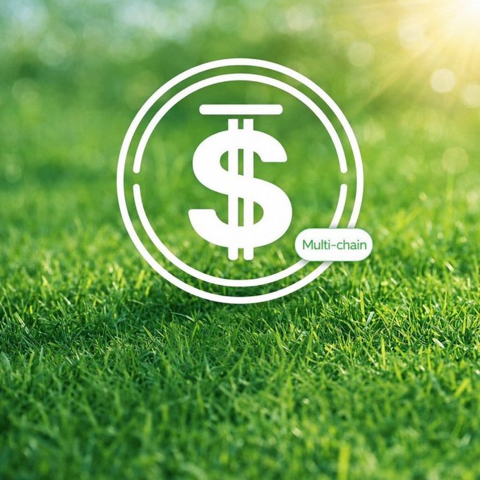 A white dollar sign enclosed in a circular outline appears over a sunlit grassy background, with a "Multi-chain" label attached to the coin's design. The image visually reinforces the post's message about USDD as a next-generation, multi-chain stablecoin that transcends traditional peg-stability.