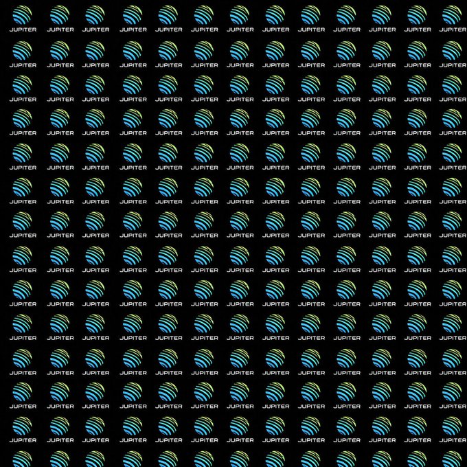 A repeating black pattern tiled with the Jupiter Exchange logo and its blue-green stylized sphere icon.