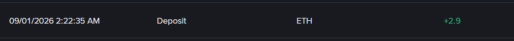 A dark transaction history interface showing an ETH deposit of +2.9 dated 09/01/2026 at 2:22:35 AM.