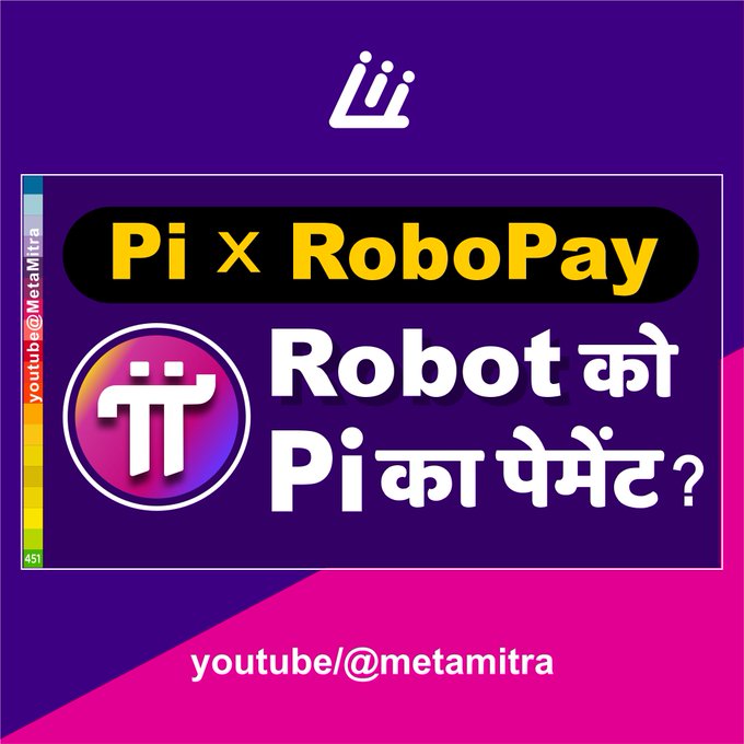 A promotional graphic featuring the Pi Network logo and the text "Pi x RoboPay" alongside the Hindi question "Robot को Pi का पेमेंट?" (Will Robots be Paid in Pi?), with the creator handle "youtube/@metamitra" displayed at the bottom, advertising a video about Pi Network's new RoboPay update for AI robots.