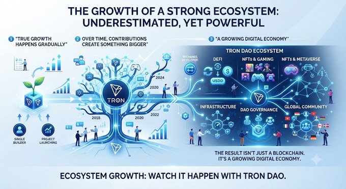 An infographic titled "THE GROWTH OF A STRONG ECOSYSTEM: UNDERESTIMATED, YET POWERFUL" illustrates TRON DAO's evolution from a single builder in 2018 to a global digital economy by 2024, with branches representing DeFi, NFTs & Gaming, NFTs & Metaverse, infrastructure, DAO governance, and a worldwide community—visually reinforcing the post's message about how gradual, cumulative contributions create a powerful, often underestimated ecosystem.
