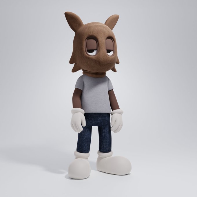 A 3D rendered cartoon character with a brown knit-textured animal/bunny head, droopy eyes, gray t-shirt, blue jeans, and white cartoon gloves and oversized shoes, standing against a plain white background.
