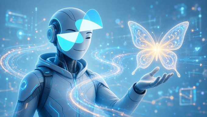 An illustration of a futuristic blue robotic/AI figure with glowing butterfly-like eye visors, smiling and holding out a hand toward a luminous, translucent butterfly hologram.