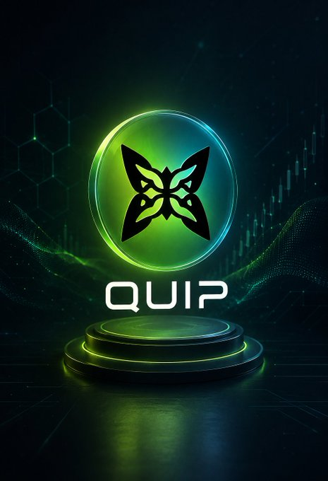 The image displays the QUIP logo—a stylized black butterfly emblem set within a glowing green circular badge—hovering above an illuminated futuristic podium against a dark, tech-inspired background featuring hexagonal patterns and green wave-like data flows. Below the logo is the bold white text "QUIP," reinforcing the brand identity central to the post's message about a network that rewards meaningful community engagement.