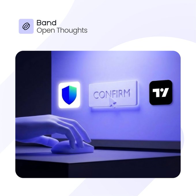 A promotional graphic for 'Band - Open Thoughts' platform showing a hand on a computer mouse clicking a 'CONFIRM' button alongside a shield security icon and a 1% logo.