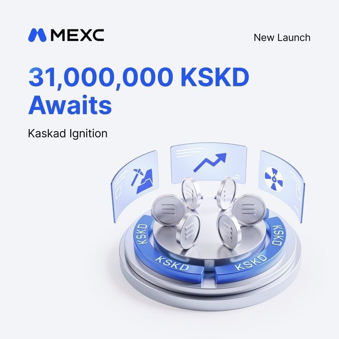 The image features a silver coin holder that displays four different coins, each representing a different cryptocurrency - Bitcoin, Ethereum, Ripple, and Litecoin. The coin holder has a blue border around its edge, making it stand out against the white background of the image. The text "MEXC" is written in black at the top left corner of the image, while the words "31,000,000 KSDK Await" are displayed below the coins.