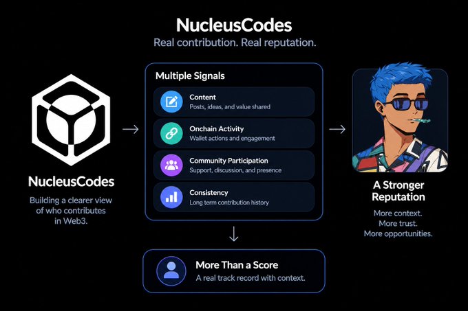 A promotional graphic for 'NucleusCodes' explains how multiple signals like content, onchain activity, and community participation build a stronger reputation in Web3.
