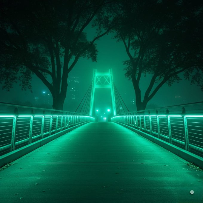 A foggy suspension bridge illuminated by eerie green LED lights stretches into the mist, with no visible text or numbers, visually conveying anticipation and a sense of something "loading" into view. The glowing green path and mysterious atmosphere reinforce the post's message of an imminent, monumental bull run emerging from the unknown.