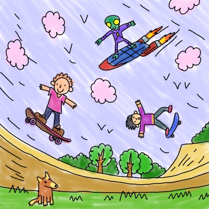 A colorful, cartoon-style digital drawing depicting children playing with skateboards, a rocket board, and a scooter on a dirt hill, with an alien flying overhead and a small dog watching below.