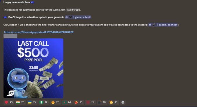 A Discord announcement for a 'Game Jam' submission deadline on October 7, featuring a '$500 PRIZE POOL' graphic with a robot mascot.
