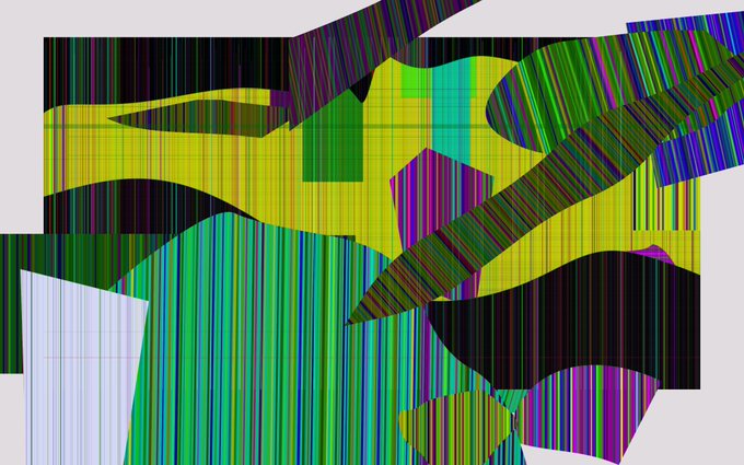 An abstract digital composition of colorful geometric shapes filled with vertical striped patterns in greens, yellows, purples, and blacks.